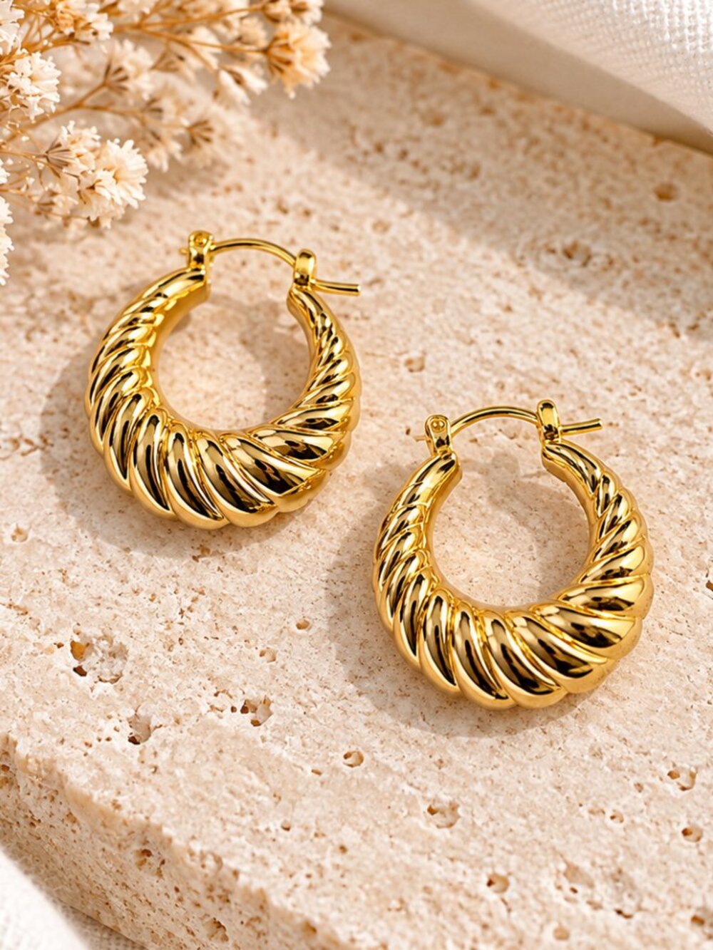 Gold Tone Chunky Croissant Hoop Earrings | Twisted Statement Hoops